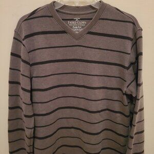 Men's Faded Glory brown striped long sleeve pullover v-neck sweater sz.M (38-40)